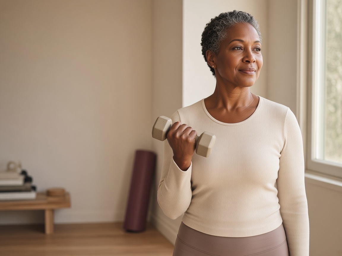 AI-generated illustration: woman doing strength training at home (not a patient)